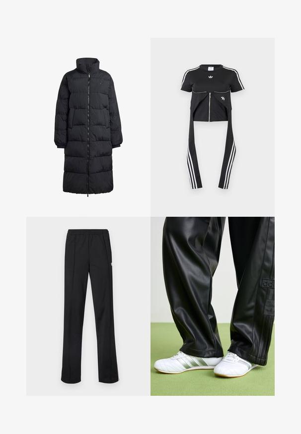 Sort pufferjakke med høj krave, fuld frontlynlås og to sidelommer; quiltet design med en blank finish og ribbede manchetter.; Sort kortærmet top med hvide Adidas-striber på ærmerne, lynlåsdetaile foran og forlængede stofpaneler, der hænger ned med tre hvide striber.; Sorte atletikbukser med elastisk talje, lige ben og hvid logo-detalje på siden. Fremstillet af let, blødt stof.; Sorte faux leather bukser med en løs pasform, der har en glat overflade og sidelister. Sammen med hvide sneakers med sølvdetaljer.