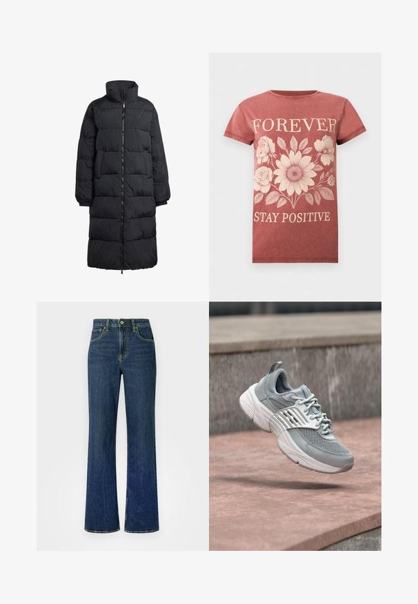 Sort pufferjakke med høj krave, fuld frontlynlås og to sidelommer; quiltet design med en blank finish og ribbede manchetter.; Rustfarvet T-shirt med korte ærmer med beige blomsterdesign og tekst, der siger "FOREVER" over og "STAY POSITIVE" under blomsterne.; Lettere falmede mørkeblå denimjeans med høj talje, vide ben og klassisk fem-lomme design. Gule syninger som detaljer over det hele.; Lysegrå atletiksko med hvid sål og remdetalje, svævende over en rosa betonoverflade med en grå stenbaggrund.