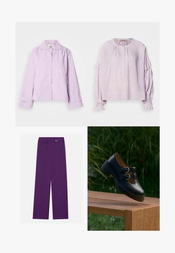 Veste lavande claire avec col, fermeture à boutons et manches longues. Confectionnée dans un tissu lisse avec une texture subtile et des détails aux poignets.; Blouse violet clair avec des rayures verticales blanches, encolure ronde, fermeture à boutons et accents volants sur les manches et l'ourlet. Tissu doux et texturé.; Un pantalon large violet en tissu lisse, avec deux grands boutons au niveau de la taille et deux poches avant.; Chaussure noire en cuir à double boucle avec des détails perforés flottant au-dessus d'un banc en bois à l'extérieur avec de l'herbe verte et des plantes en arrière-plan.