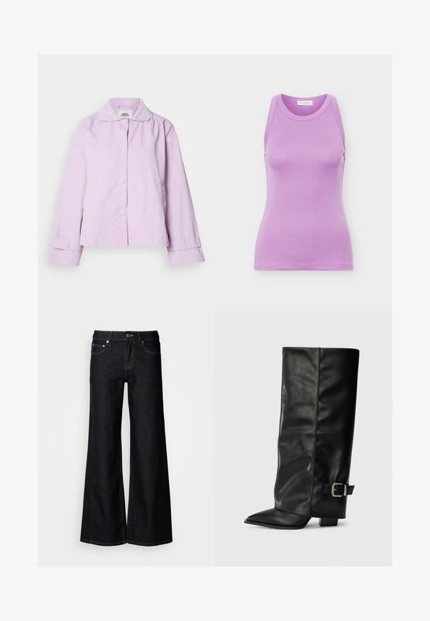 Veste lavande claire avec col, fermeture à boutons et manches longues. Confectionnée dans un tissu lisse avec une texture subtile et des détails aux poignets.; Débardeur sans manches pour femme de couleur lavande, avec encolure ronde et silhouette ajustée, confectionné en tissu lisse, présenté sur fond uni.; Jean en denim foncé à jambes larges avec une taille haute, un design à cinq poches et une couture contrastée jaune le long des coutures.; Bottes noires en cuir longueur cheville avec un bout pointu, texture lisse et une accent en boucle argentée sur le côté. Talon carré épais.