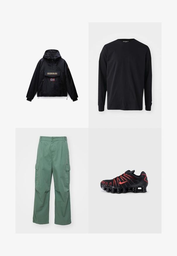 Schwarze Kapuzenjacke mit Frontreißverschluss, zwei Seitentaschen, einer Klappentasche mit Napapijri-Logo und einer kleinen norwegischen Flagge unter der Tasche.; Schwarzes Langarm-T-Shirt aus Baumwolle mit rundem Halsausschnitt und geradem Schnitt, mit einem kleinen Logodetail am Ärmel.; Grüne Cargo-Hosen aus Baumwolle, mit lockerer Passform, weitem Bein und seitlichen Taschen. Der Stoff hat eine glatte Textur ohne Muster.; Schwarze Sportchuhe mit roten Akzenten, ausgestattet mit einem strukturierten Mesh-Obermaterial, einem einzigartigen wellenförmigen Design und einer geformten, gepolsterten Sohle.