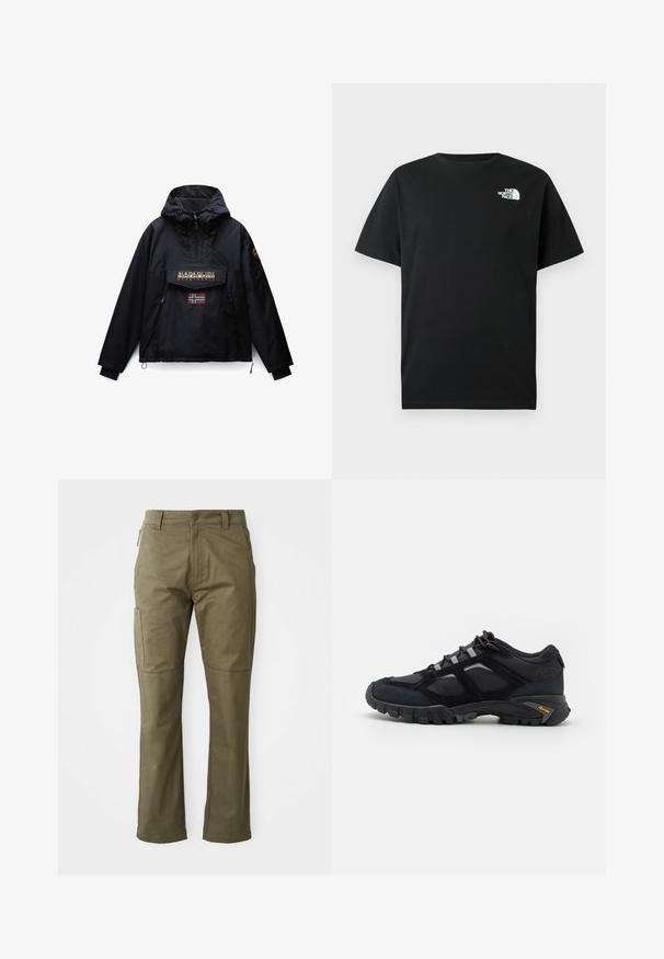 Schwarze Kapuzenjacke mit Frontreißverschluss, zwei Seitentaschen, einer Klappentasche mit Napapijri-Logo und einer kleinen norwegischen Flagge unter der Tasche.; Schwarzes Baumwoll-T-Shirt mit kurzen Ärmeln, Rundhalsausschnitt und weißem Logo auf der linken Brust. Einfaches, schmuckloses Design.; Khaki Cargo-Hose aus strapazierfähigem Baumwollstoff, mit Seitentaschen, geradem Bein und Reißverschluss mit Knopfverschluss.; Schwarzer Outdoor-Schuh aus Wildleder und Mesh mit robuster Sohle. Verfügt über graue Akzente und Vibram-Branding an der Seite. Schnürdesign.