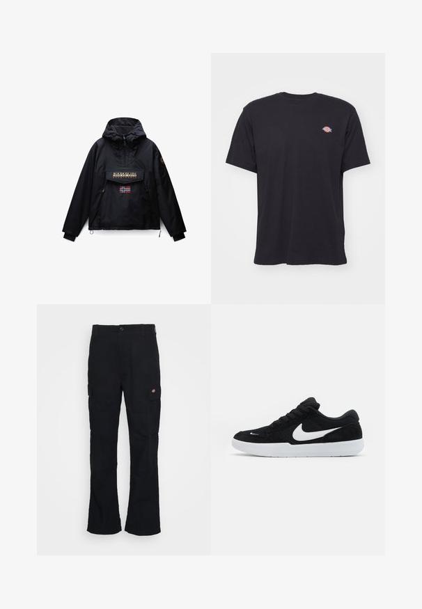 Chaqueta negra con capucha con cremallera frontal, dos bolsillos laterales, un bolsillo de solapa con el logo de Napapijri y una pequeña bandera de Noruega debajo del bolsillo.; Camiseta negra de manga corta y cuello redondo con un pequeño logo colorido de Dickies en el lado izquierdo del pecho sobre un fondo liso.; Pantalones cargo negros con un diseño de pierna recta, hechos de tela duradera, con bolsillos laterales y un logo de parche en el lado izquierdo.; Zapatillas de ante negras con acentos blancos, con una puntera redondeada, suela blanca gruesa y cordones negros. Logotipo de Nike en blanco prominente en el costado.