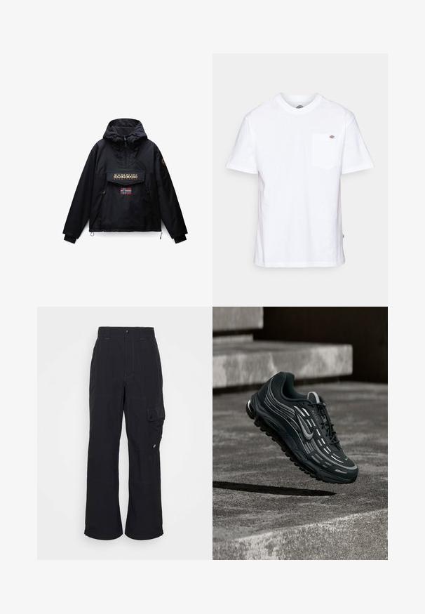 Schwarze Kapuzenjacke mit Frontreißverschluss, zwei Seitentaschen, einer Klappentasche mit Napapijri-Logo und einer kleinen norwegischen Flagge unter der Tasche.; Weißes Baumwoll-T-Shirt mit Rundhalsausschnitt, kurzen Ärmeln und einer Brusttasche, die auf der linken Seite ein kleines Markenlogo aufweist.; Schwarze Cargo-Hosen aus strukturiertem Stoff, mit weiter Beinform, sichtbaren Nähten und einer seitlichen Tasche mit Druckknopfverschluss.; Schwarzer und grauer Nike Air Max Sneaker, der über graue Betonstufen mit strukturiertem Bodenhintergrund schwebt.
