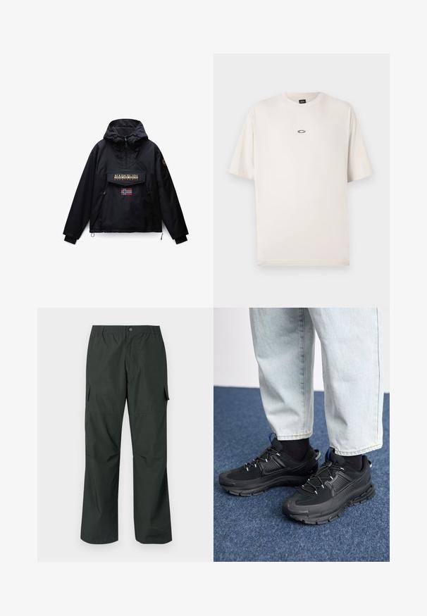 Chaqueta negra con capucha con cremallera frontal, dos bolsillos laterales, un bolsillo de solapa con el logo de Napapijri y una pequeña bandera de Noruega debajo del bolsillo.; Oakley RISE TEE - Camiseta básica - mist; Pantalones cargo verde oscuro con un corte relajado, cintura elástica, bolsillos cosidos y una textura de tela suave y ligera.; Zapatillas deportivas negras con tejido texturizado y suelas de goma, con cordones elásticos y un acento azul en el talón. Combinadas con pantalones de mezclilla claros.
