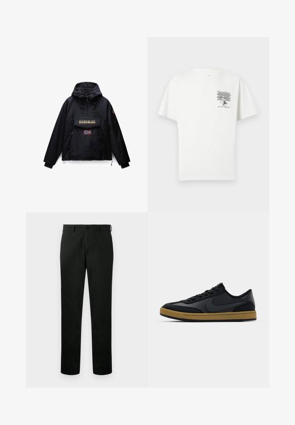 Chaqueta negra con capucha con cremallera frontal, dos bolsillos laterales, un bolsillo de solapa con el logo de Napapijri y una pequeña bandera de Noruega debajo del bolsillo.; Camiseta blanca de manga corta con pequeño logo negro de "Dickies" y un personaje de dibujos animados sosteniendo herramientas en la parte superior izquierda del pecho.; Pantalones negros de pierna recta con cierre de botón y cremallera, trabillas para cinturón y un acabado de tela lisa y uniforme.; Zapatilla negra de cuero con un diseño de corte bajo, cierre de cordones, suela de goma y acentos de color goma. Presenta un logo lateral y materiales texturizados.