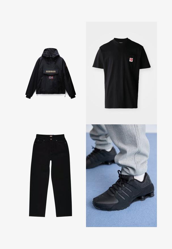Chaqueta negra con capucha con cremallera frontal, dos bolsillos laterales, un bolsillo de solapa con el logo de Napapijri y una pequeña bandera de Noruega debajo del bolsillo.; Camiseta de algodón negra con escote redondo, mangas cortas y bolsillo en el pecho izquierdo que presenta un parche en forma de corazón rojo con texto blanco.; Vaqueros de mezclilla negra con corte recto, que cuentan con cinco bolsillos, costuras marrones y cierre de cremallera. Textura suave y material duradero.; Persona vestida con zapatillas Nike Shox negras y pantalones de chándal grises, de pie sobre una alfombra azul claro.
