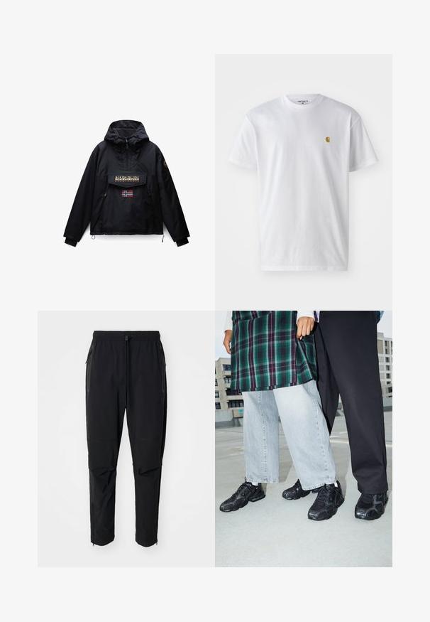 Schwarze Kapuzenjacke mit Frontreißverschluss, zwei Seitentaschen, einer Klappentasche mit Napapijri-Logo und einer kleinen norwegischen Flagge unter der Tasche.; Weißes Baumwoll-T-Shirt mit kurzen Ärmeln, Rundhalsausschnitt, mit einem kleinen goldenen Logo im linken Brustbereich. Weicher Stoff und normale Passform.; Schwarze, leichte outdoor Hosen mit elastischem Bund und verstellbarem Zugschnur. Ausgestattet mit Reißverschlusstaschen und tapered Bündchen.; Schwarze Sportschuhe mit Mesh- und Gummielementen. Kombiniert mit hellgrauen weiten Jeans und einem karierten grünen Oberteil. Flacher Hintergrund.