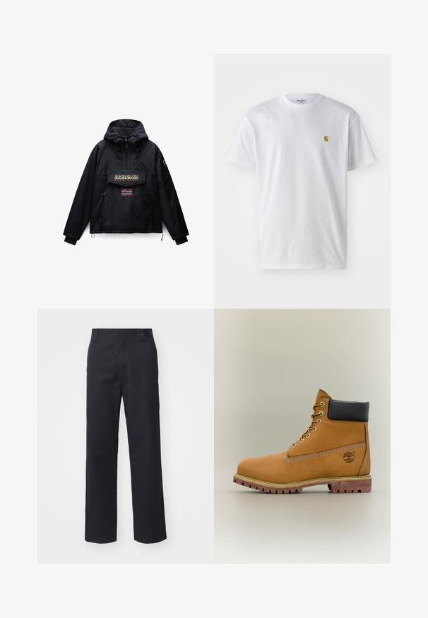 Sort hættejakke med frontlynlås, to sidelommer, en klaplomme med Napapijri-logo og et lille norsk flag under lommen.; Hvid bomulds t-shirt med korte ærmer, rund hals og et lille guld logo på venstre brystområde. Blød tekstur og almindelig pasform.; Sorte lige benbukser lavet af bomuldsblandet stof. Har en flad frontbetræk med bæltesløjfer og ingen synlig hardware eller udsmykninger.; Brun læderankelstøvle med sort krave, gule snørebånd og tanfarvet sål. Har logo og hvide syninger som detalje. Robust ydersål med greb.