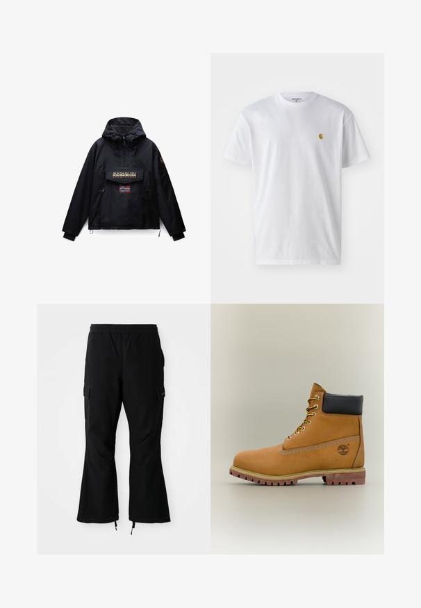 Sort hættejakke med frontlynlås, to sidelommer, en klaplomme med Napapijri-logo og et lille norsk flag under lommen.; Hvid bomulds t-shirt med korte ærmer, rund hals og et lille guld logo på venstre brystområde. Blød tekstur og almindelig pasform.; Sorte cargo-bukser med elastisk talje, som har sidelommer og brede ben med lynlåse ved ankelmanchetterne, præsenteret mod en hvid baggrund.; Brun læderankelstøvle med sort krave, gule snørebånd og tanfarvet sål. Har logo og hvide syninger som detalje. Robust ydersål med greb.