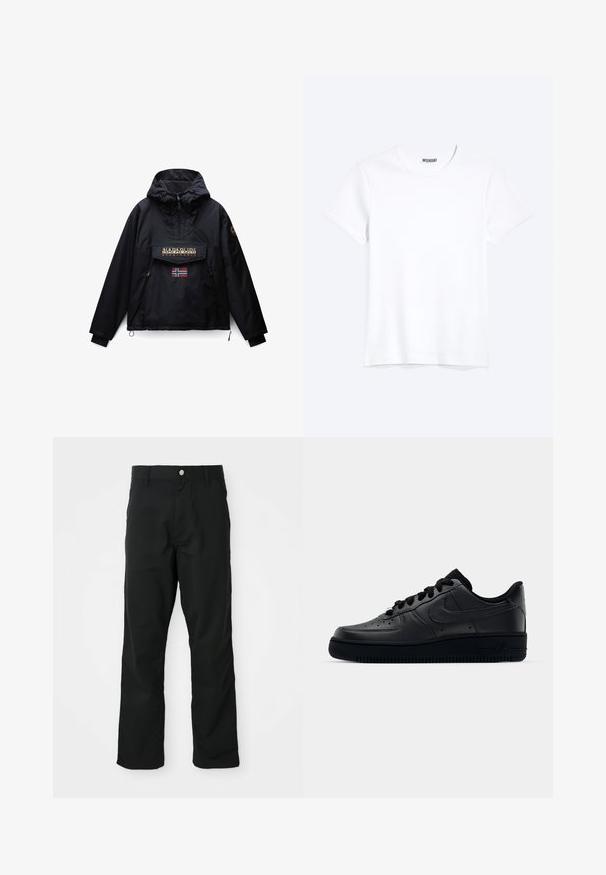 Sort hættejakke med frontlynlås, to sidelommer, en klaplomme med Napapijri-logo og et lille norsk flag under lommen.; Enkelt hvid T-shirt med korte ærmer og rund hals med synligt WEEKDAY-mærke i kraven, vist på en lys baggrund.; Sorte lige bukser med knap- og lynlåslukning, bæltestropper og sidelommer, præsenteret mod en hvid baggrund.; Sort Nike Air Force 1 sneaker med en glat læderoverdel, perforeret tå for åndbarhed, sorte snørebånd og en textured gummisål.