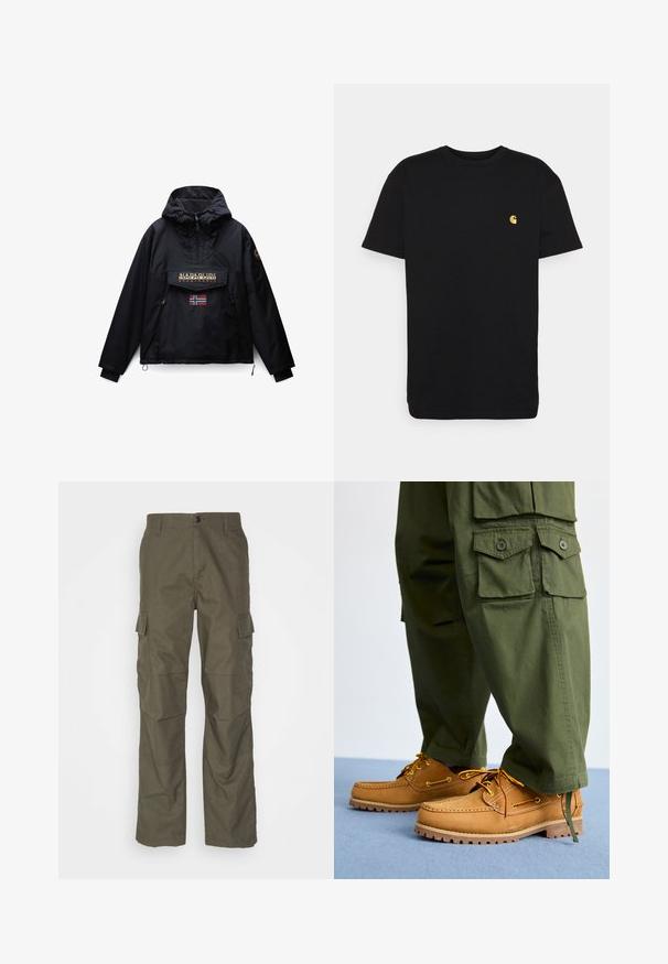 Chaqueta negra con capucha con cremallera frontal, dos bolsillos laterales, un bolsillo de solapa con el logo de Napapijri y una pequeña bandera de Noruega debajo del bolsillo.; Camiseta de algodón negra con mangas cortas, cuello redondo y un pequeño logo amarillo en el área del pecho izquierdo. Diseño simple y ajuste regular.; Pantalones cargo en color oliva con corte recto, fabricados en tejido texturizado. Presentan grandes bolsillos laterales y un cierre de botón.; Timberland AUTHENTIC 3 EYE - Náuticos - wheat
