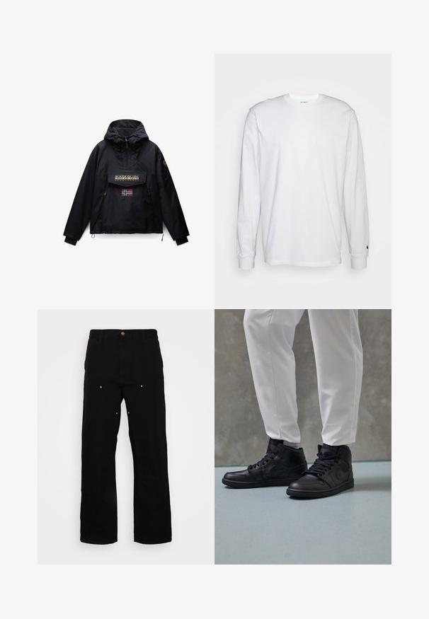 Schwarze Kapuzenjacke mit Frontreißverschluss, zwei Seitentaschen, einer Klappentasche mit Napapijri-Logo und einer kleinen norwegischen Flagge unter der Tasche.; Weißes Langarm-T-Shirt aus Baumwolle. Rundhals-Design mit gerippten Bündchen und kleinem Logo auf dem linken Ärmel. Glatte Textur.; Schwarze Denim-Hosen mit geradem Bein, ausgestattet mit goldenen Hardware-Akzenten und sichtbaren Nähten an den Vorder- und Gesäßtaschen.; Schwarze High-Top-Sneaker aus glattem Leder, mit runder Zehenpartie und Schnürung; kombiniert mit weißen, schmal geschnittenen Hosen, auf einem strukturierten Boden präsentiert.