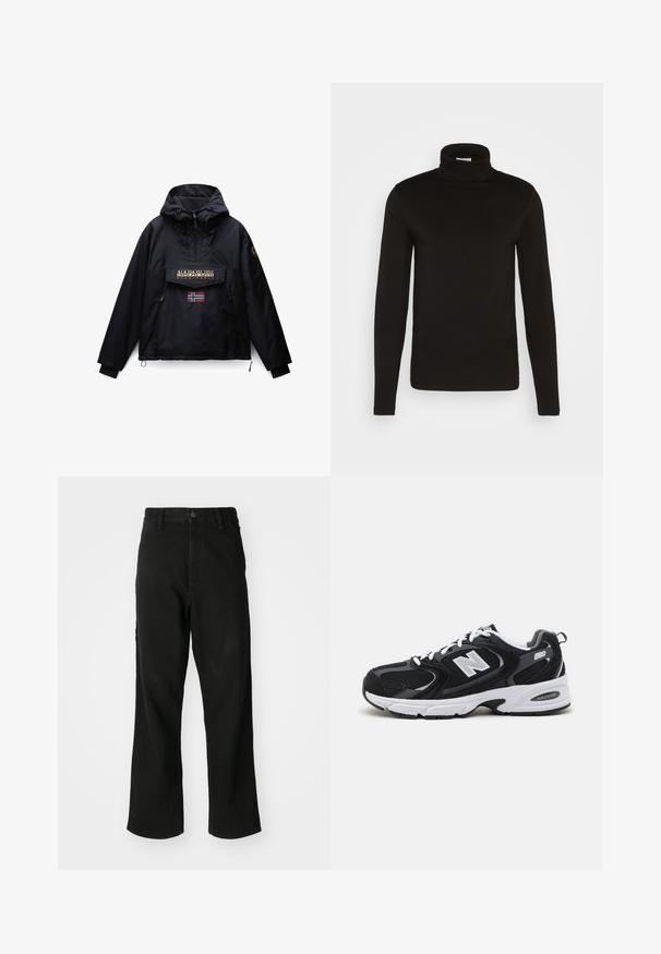 Schwarze Kapuzenjacke mit Frontreißverschluss, zwei Seitentaschen, einer Klappentasche mit Napapijri-Logo und einer kleinen norwegischen Flagge unter der Tasche.; Schwarz, langärmliges Turtleneck-Shirt aus einem glatten Stoff mit figurnaher Passform und hohem, enganliegendem Kragen. Keine sichtbaren Muster oder Akzente.; Schwarze gerade Jeans mit Knopfverschluss, Gürtelschlaufen und Fronttaschen auf einem schlichten weißen Hintergrund.; Schwarze und graue Sportschuhe mit Obermaterial aus Mesh und Wildleder, ausgestattet mit einer weißen Zwischensohle, Schnürsenkeln und einem markanten "N"-Logo an der Seite.