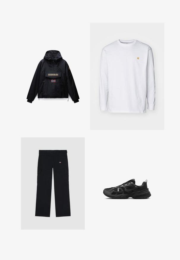 Chaqueta negra con capucha con cremallera frontal, dos bolsillos laterales, un bolsillo de solapa con el logo de Napapijri y una pequeña bandera de Noruega debajo del bolsillo.; Camiseta de manga larga blanca de algodón. Cuenta con un pequeño logo dorado en el pecho y un cuello redondo. Diseño simple y corte estándar.; Pantalones cargo negros de algodón, con múltiples bolsillos, una textura suave y un parche con el logo en el bolsillo trasero derecho.; Zapatilla deportiva negra con parte superior de malla, suela de goma y acentos texturizados. Presenta un diseño de cordones y un logotipo distintivo en el lateral.