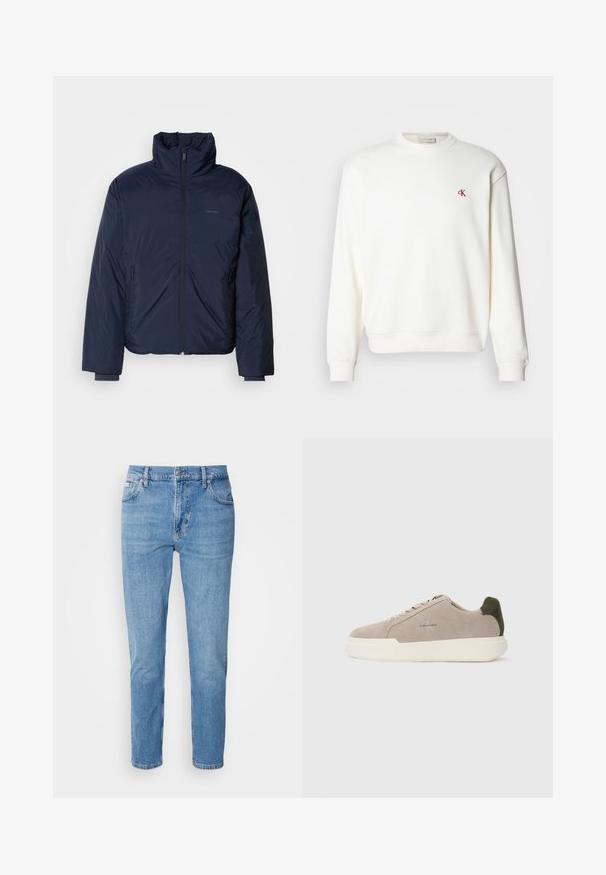 Námornícky prešívaný puff jacket s vysokým golierom a plným predným zipsom. Obsahuje zipsové bočné vrecká a rebrované manžety pre extra teplo.; Biely mikina s okrúhlym výstrihom vyrobená z bavlny, s malým červeným logom "ck" na hrudi, rebrovanými manžetami a spodným okrajom. Jednoduchá, hladká textúra.; Svetlomodré džínsy s rovný strih, dizajn s piatimi vreckami a jemným vyblednutím. Obsahujú zapínanie na gombík a pútka na opasok.; Béžové semišové tenisky s bielou gumovou podrážkou, zdobené tmavozeleným akcentom na päte a jemným brandingom na boku.