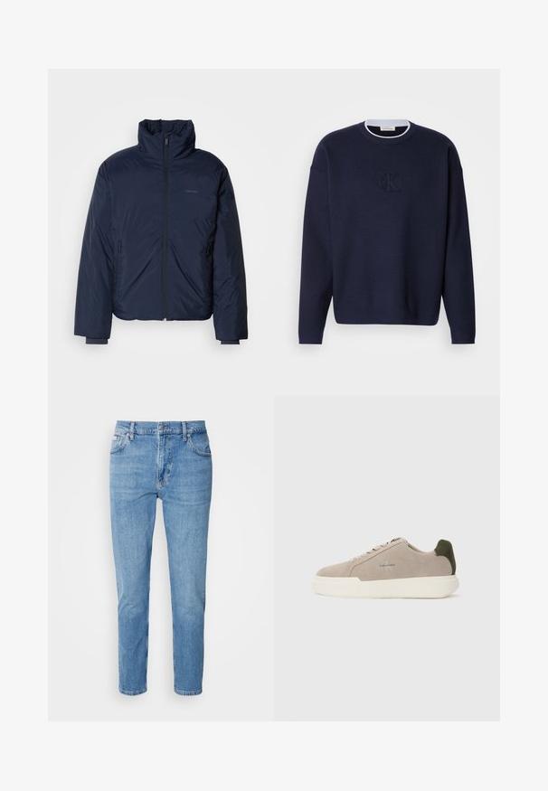 Námornícky prešívaný puff jacket s vysokým golierom a plným predným zipsom. Obsahuje zipsové bočné vrecká a rebrované manžety pre extra teplo.; Námornícky modrý pletený sveter s okrúhlym výstrihom, rebrovaným golierom a nenápadným vyšívaným logom "ck" vpredu. Dlhé rukávy, voľný strih.; Svetlomodré džínsy s rovný strih, dizajn s piatimi vreckami a jemným vyblednutím. Obsahujú zapínanie na gombík a pútka na opasok.; Béžové semišové tenisky s bielou gumovou podrážkou, zdobené tmavozeleným akcentom na päte a jemným brandingom na boku.