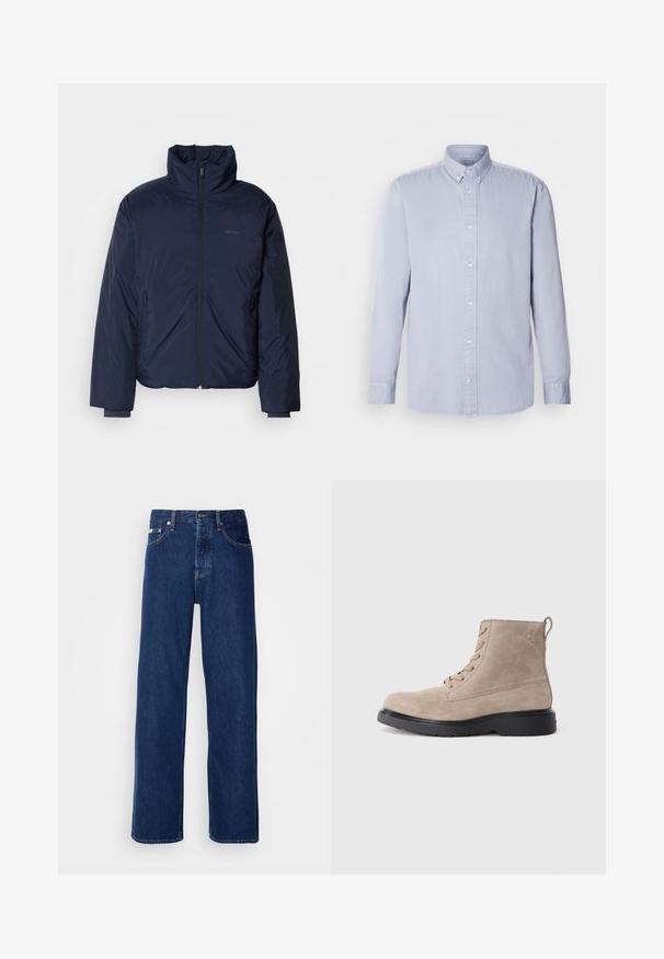 Námornícky prešívaný puff jacket s vysokým golierom a plným predným zipsom. Obsahuje zipsové bočné vrecká a rebrované manžety pre extra teplo.; Svetlomodrá dlhá rukávová košeľa s gombíkmi vyrobená z bavlny s jemnou textúrou, s klasickým golierom a prednými gombíkmi.; Tmavomodré džínsy s širokým strihom, s gombíkovým zapínaním a klasickým piatym vreckovým dizajnom. Tkanina má hladkú textúru.; Béžové semišové členkové topánky s čiernou gumovou podrážkou, zaviazaním, malým embosovaným logom na boku a so stahovacím pásikom na zadnej strane.