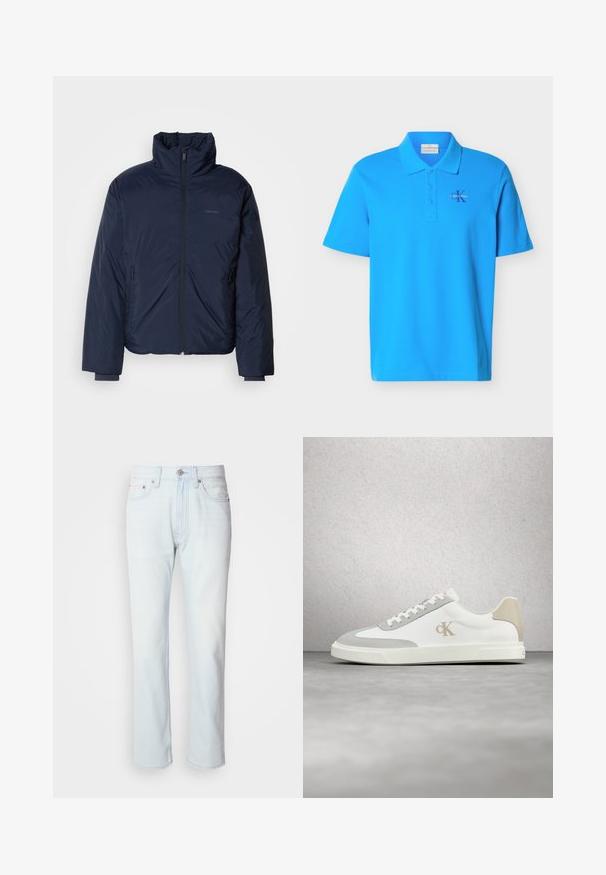 Chaquetón acolchado azul marino con cuello alto y cremallera frontal completa. Incluye bolsillos laterales con cremallera y puños acanalados para mayor calidez.; Camiseta tipo polo de manga corta en azul brillante, con cuello, tres botones y pequeño logo de "Calvin Klein" en el lado izquierdo del pecho.; Jeans de mezclilla azul claro con corte recto. Cuentan con un cierre de botón y pasadores para cinturón, mostrando una textura desgastada y costuras mínimas.; Zapatilla blanca de Calvin Klein con detalles en ante beige y logo, flotando sobre un suelo liso gris con fondo de pared de bloques de vidrio.