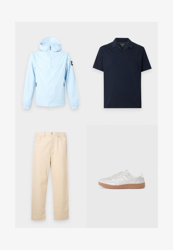 Veste à capuche bleu clair avec fermeture éclair à l'avant, poignets élastiques, poches latérales zippées et un petit patch noir sur la manche gauche.; Polo bleu marine à manches courtes avec col, encolure en V dégagée et tissu de poids moyen, étalé à plat sur un fond gris clair.; Jean beige à coupe droite avec fermeture à bouton et glissière, passants pour ceinture et poches avant sur un fond uni.; Baskets argentées avec une texture lisse, un design à lacets, des accents perforés et une semelle en caoutchouc marron texturé.