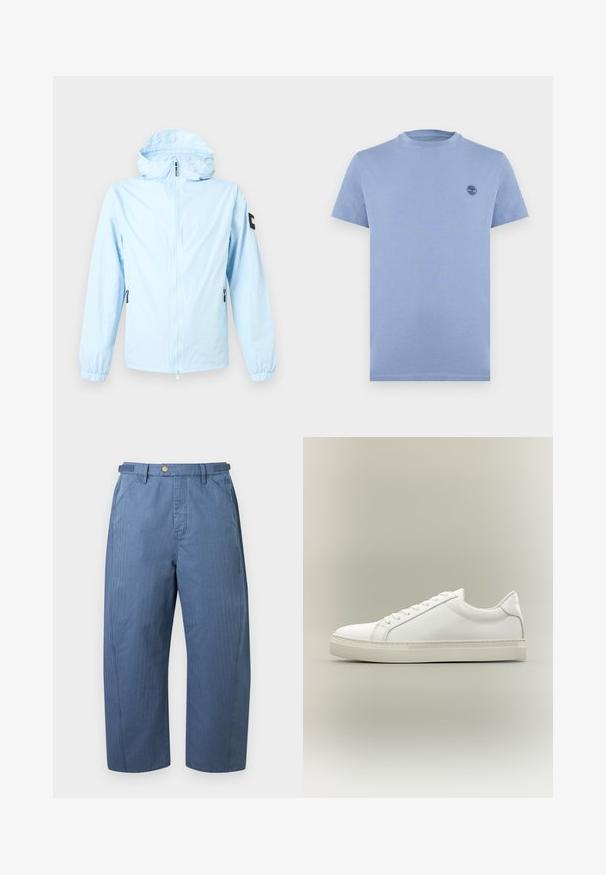 Veste à capuche bleu clair avec fermeture éclair à l'avant, poignets élastiques, poches latérales zippées et un petit patch noir sur la manche gauche.; T-shirt bleu clair à manches courtes et col rond avec un petit logo d'arbre bleu foncé sur la poitrine gauche, devant uni sur fond blanc.; Pantalon bleu à jambes larges avec poches avant, passants pour ceinture et fermeture par bouton à la taille, présenté sur un fond uni.; Baskets blanches basses à lacets sur l’avant et semelle épaisse, vues de côté sur un fond neutre.