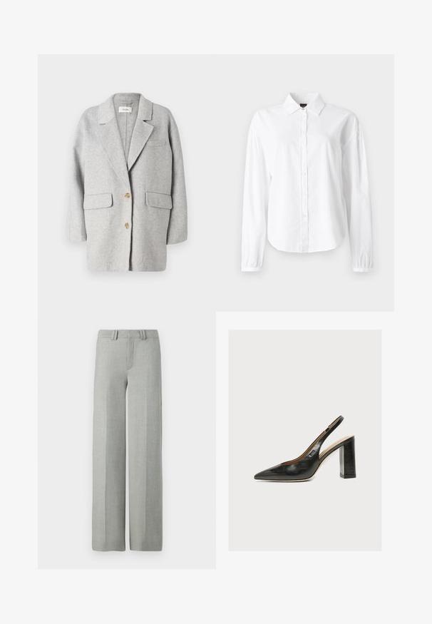 Grå uld blazer, struktureret design, notch revers, to frontlommer, to træknapper, blød tekstur, afslappet pasform, minimalistisk stil.; Hvid langærmet skjorte med krave, knaplukning foran og snerrede manchetter. Fremstillet af blødt, letvægtsmateriale med en glat tekstur.; Grå bredbensbukser i et letvægtsmateriale, med flad front, bæltehuller og rene, skræddersyede linjer uden synlige mønstre.; Sort dameslingback pumpe i læder med spids tå og tyk høj blokhæl på hvid baggrund.