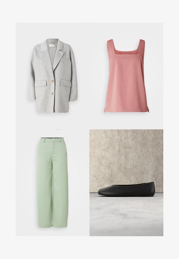 Grå uld blazer, struktureret design, notch revers, to frontlommer, to træknapper, blød tekstur, afslappet pasform, minimalistisk stil.; Ærmeløs lyserød top med firkantet udskæring, lavet af letvægtsstof, med en afslappet pasform og sideslidser for lettere bevægelse.; Lysegrønne breddebenbukser lavet af glat materiale. Har flad front, bæltestropper og en skræddersyet pasform uden synlige hardware.; Sorte læder balletflade med en rund tå, glat tekstur og en gulds logoaccent på siden. Placeret over en reflekterende overflade.
