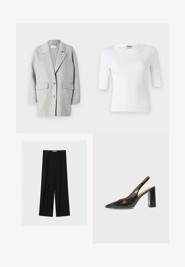 Grijze wollen blazer, gestructureerd ontwerp, notch lapel, twee voorzakken, twee houten knopen, zachte textuur, ontspannen pasvorm, minimalistische stijl.; Witte geribde T-shirt met een ronde halslijn en ellebooglange mouwen. Gemaakt van zacht materiaal met een gladde textuur. Label zichtbaar bij de halslijn.; Zwarte, wijde broek met hoge taille, riemlussen en plooien aan de voorkant, weergegeven tegen een lichtgrijze achtergrond.; Zwarte leren slingback schoen met spits toelopend neusje, hoge blokhak en beige binnenvoering tegen een effen lichte achtergrond.