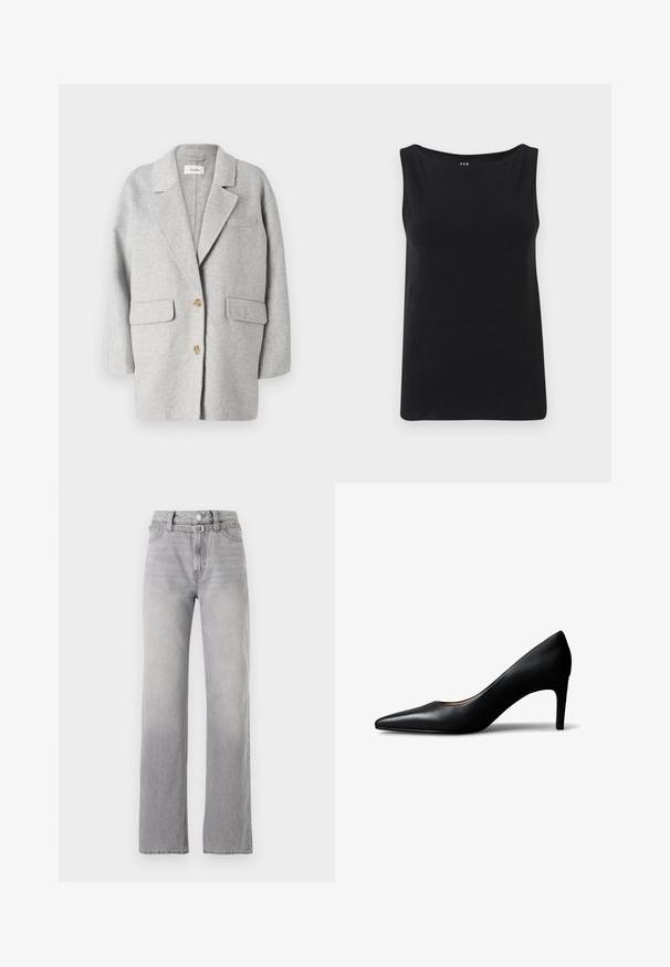 Grå uld blazer, struktureret design, notch revers, to frontlommer, to træknapper, blød tekstur, afslappet pasform, minimalistisk stil.; Sort ærmeløs top lavet af blødt stof. Har en bred halsudskæring og lige kant. Enkel design uden yderligere mønstre eller udsmykninger.; Lys grå denim jeans med høj talje, lige ben-design, subtil falming og klassisk fem-lommer stil. Metal knap og lynlås lukning.; Sort damesko i læder med spids snude og mellemhøj hæl, vist fra siden på en hvid baggrund.