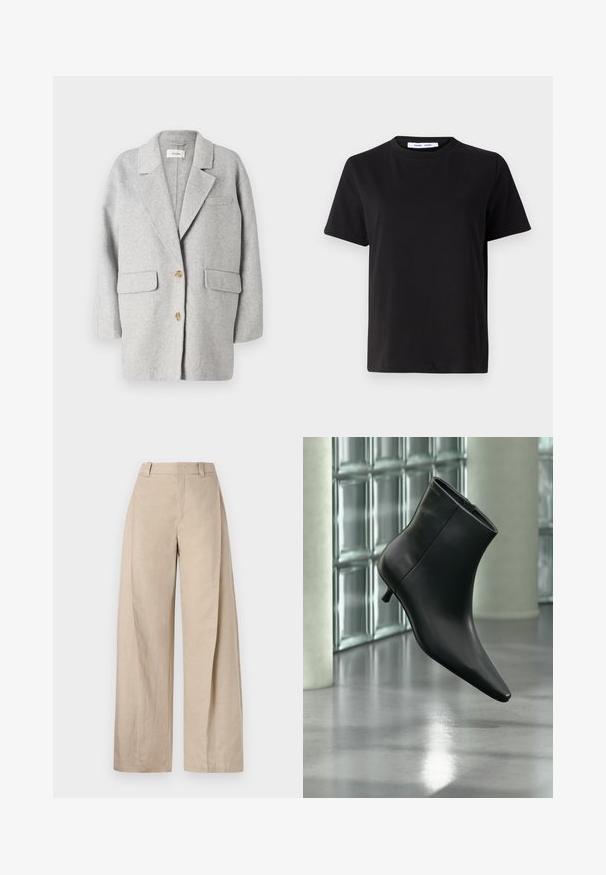 Grijze wollen blazer, gestructureerd ontwerp, notch lapel, twee voorzakken, twee houten knopen, zachte textuur, ontspannen pasvorm, minimalistische stijl.; Zwart T-shirt met korte mouwen, gemaakt van zachte katoen, met een ronde hals, een ontspannen pasvorm en een gladde textuur. Geen zichtbare patronen of opdrukken.; Beige linnen wijde broek met een hoge taille, met een zachte textuur en strakke lijnen, ontworpen voor een ontspannen pasvorm.; Zwarte leren enkellaars met spits toelopende neus en lage kittenhak, schuin weergegeven tegen een gepolijste vloer en een glazen blokken muur als achtergrond.