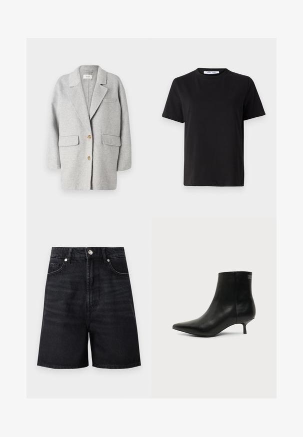 Blazer de lana gris, diseño estructurado, con solapa muesca, dos bolsillos frontales, dos botones de madera, textura suave, corte relajado, estilo minimalista.; Camiseta negra de manga corta hecha de algodón suave, con un cuello redondo, corte relajado y una textura lisa. Sin patrones ni gráficos visibles.; Shorts de mezclilla negra con cintura alta, bolsillos delanteros y cierre de botón plateado. Textura suave con detalles de desvanecimiento sutil.; Botín de piel negra con puntera puntiaguda y tacón bajo estilo kitten sobre fondo claro, mostrando vista lateral exterior.