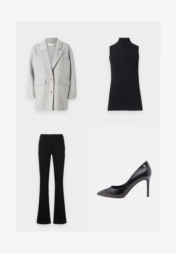 Grå uld blazer, struktureret design, notch revers, to frontlommer, to træknapper, blød tekstur, afslappet pasform, minimalistisk stil.; Sort ærmeløs turtleneck top, lavet af glat stof. Figurtilpasset design med høj hals og lige kant, minimalistisk og ensfarvet.; Sorte flare jeans lavet af bomuldsblanding. Med knappelukning, bæltestropper og forlommer. Glat tekstur med let stretch.; Sort læderpump med høje hæle og spids tå, der har et udskåret design og en lille gulddetalje med logo på hælen.