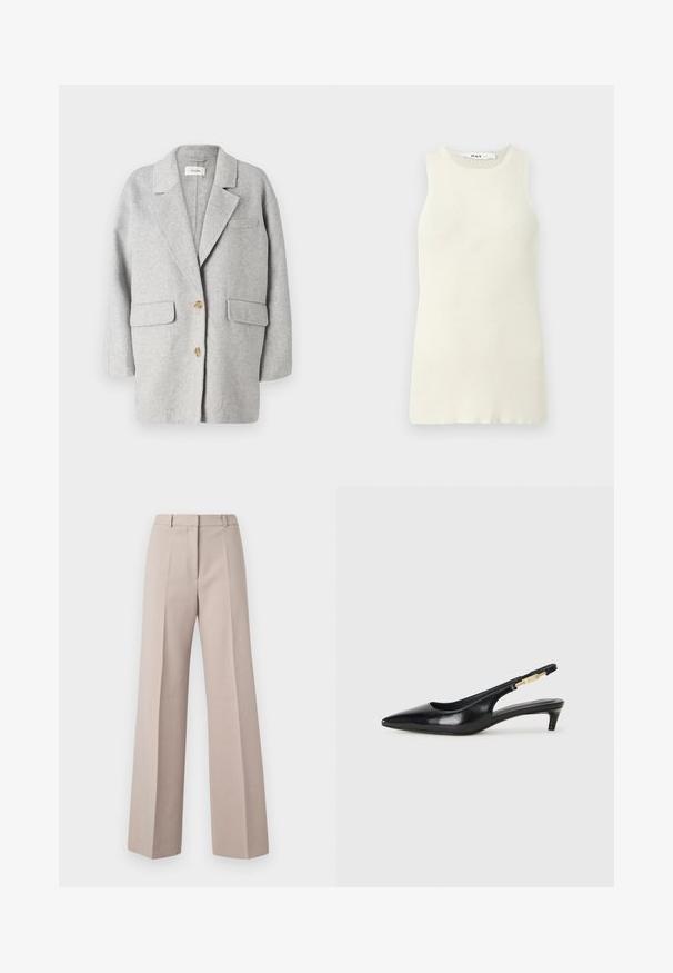 Grijze wollen blazer, gestructureerd ontwerp, notch lapel, twee voorzakken, twee houten knopen, zachte textuur, ontspannen pasvorm, minimalistische stijl.; Mouwloze crèmekleurige tanktop van ribstof, met een ronde halslijn en een aansluitend ontwerp. Geen zichtbare patronen of accenten.; Beige wijde broek van een soepele stof, met een hoge taille, voorkreuken en een op maat gemaakte pasvorm.; Zwarte leren slingback hakken met een spitse neus, voorzien van een slanke hak en een goudkleurige accent op de verstelbare band. Gladde textuur.