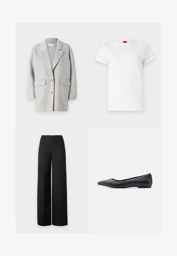 Grijze wollen blazer, gestructureerd ontwerp, notch lapel, twee voorzakken, twee houten knopen, zachte textuur, ontspannen pasvorm, minimalistische stijl.; Witte T-shirt met korte mouwen, gemaakt van lichtgewicht katoen. Heeft een ronde hals en opgerolde mouwen. Rode merketiket op de kraag.; Zwarte wijde broeken van een gladde stof. Heeft een hoge tailleband en schone, rechte lijnen zonder zichtbare zakken of versieringen.; Zwarte platte leren schoen met puntige neus en lage hak, zijaanzicht tegen een witte achtergrond.