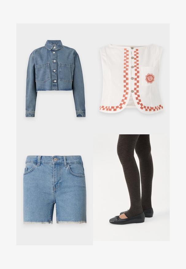 Chaqueta de mezclilla cortada en azul claro, con cuello puntiagudo, botones en la parte frontal y dos bolsillos en el pecho. Con dobladillo desgastado y mangas largas.; Top blanco sin mangas con un patrón geométrico naranja en la parte frontal y el dobladillo, adornado con botones decorativos y un bolsillo con un motivo de sol.; Shorts de mezclilla en azul claro con dobladillo deshilachado, diseño de cinco bolsillos y pasadores para cinturón. Cierre de botón en la cintura.; Piernas con leggings oscuros acanalados combinados con bailarinas negras que presentan pequeños detalles de lazo sobre un fondo blanco.