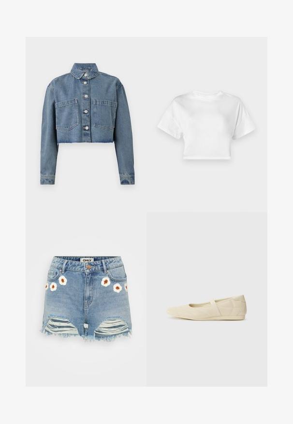 Abgeschnittene Jeansjacke in Hellblau mit spitzem Kragen, vorderem Knopfverschluss und zwei Brusttaschen. Ausgefaserter Saum und lange Ärmel.; Weißes, kurzes T-Shirt aus Baumwolle. Kurze Ärmel, runder Ausschnitt, glatte Textur, lässiges Design ohne Muster oder Verzierungen.; Helles blaues Denim-Shorts mit gestickten weißen Blumen und braunen Mittelpunkten auf der Vorderseite. Ausgefranster Saum und Risse an den Beinen.; Beige Ballerinas aus glattem Leder mit mandelförmiger Zehenpartie und elastischem Riemen über dem Fußrücken, ausgestattet mit dezenten Nähtelementen.