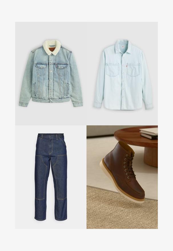 Chaqueta de denim azul claro con un cuello de peluche blanco. Presenta bolsillos en el pecho, botones a presión y un ajuste relajado con detalles de costura visibles.; Camisa vaquera de manga larga azul claro con botones en la parte frontal, dos bolsillos en el pecho y cuello, mostrada sobre un fondo claro y liso.; Jeans de mezclilla azul oscuro con cintura alta, diseño de pierna recta, costuras contrastantes y bolsillos de parche en la parte delantera.; Botín de cuero marrón con suela beige sobre una alfombra beige texturizada al lado de una mesa redonda de madera con libros apilados.