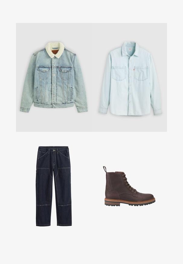 Chaqueta de denim azul claro con un cuello de peluche blanco. Presenta bolsillos en el pecho, botones a presión y un ajuste relajado con detalles de costura visibles.; Camisa vaquera de manga larga azul claro con botones en la parte frontal, dos bolsillos en el pecho y cuello, mostrada sobre un fondo claro y liso.; Pantalones de denim azul oscuro con costuras dobles, botón frontal, trabillas para cinturón y múltiples bolsillos de parche reforzados en las piernas.; Botas de piel marrón con cordones hasta el tobillo, acabado texturizado, suelas beige contrastantes y ojales metálicos. Incluyen una lengüeta para facilitar su puesta.