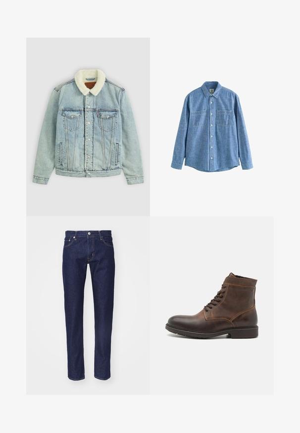 Hellblaues Denim-Jackett mit einem flauschigen, weißen Kragen. Verfügt über Brusttaschen, Druckknöpfe und einen relaxed Fit mit sichtbaren Nähdetails.; Langärmliges blaues Chambray-Hemd mit Knopfleiste und zwei Brusttaschen, flach auf weißem Hintergrund liegend.; Marineblaue Denim-Jeans mit geradem Schnitt, fünf Taschen, kontrastierendem orangenem Nahtdesign und einem silbernen Knopfverschluss an der Taille.; Jack & Jones JFWDELANEY BOOT - Schnürstiefelette - cognac