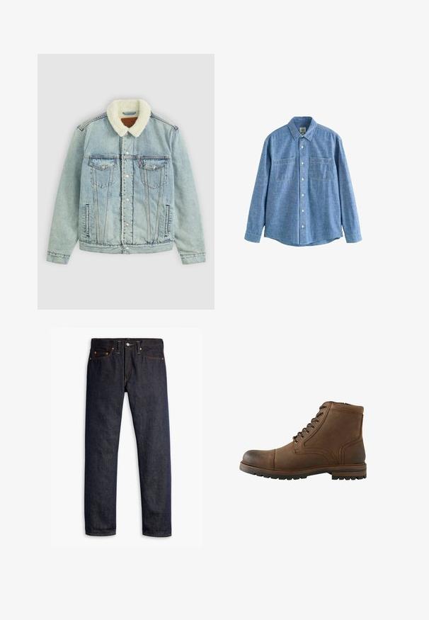 Lyseblå denimjakke med en fluffy, hvid krave. Har brystlommer, trykknapper og en afslappet pasform med synlige sydetaljer.; Langærmet blå chambray-skjorte med knaplukning foran og to brystlommer, lagt fladt på en hvid baggrund.; Mørkeblå denimjeans med lige pasform, fem-lomme design, kobbernitter, gul syning og et markant struktureret stof.; Brun læderankelstøvle med snørelukning foran og robust sål, designet til casual eller udendørs brug.