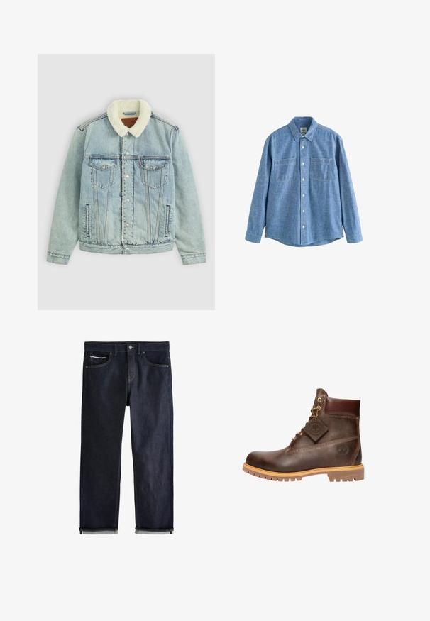 Lyseblå denimjakke med en fluffy, hvid krave. Har brystlommer, trykknapper og en afslappet pasform med synlige sydetaljer.; Langærmet blå chambray-skjorte med knaplukning foran og to brystlommer, lagt fladt på en hvid baggrund.; Mørkeblå denimjeans med en klassisk lige pasform, der har fem lommer, knaplukning og op rullede manchetter, som viser en lys blå foring.; Brun læder ankelstøvle med rund tå, solid sål, hardware i guldtone og en tekstureret overdel. Inkluderer et logo-tagfæstet.