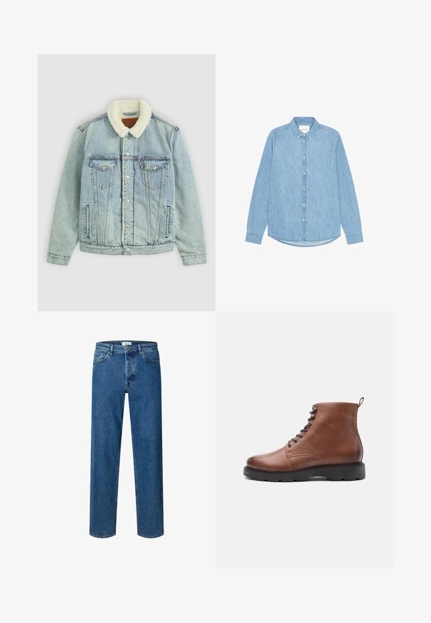 Hellblaues Denim-Jackett mit einem flauschigen, weißen Kragen. Verfügt über Brusttaschen, Druckknöpfe und einen relaxed Fit mit sichtbaren Nähdetails.; Hellblaues Denim-Hemd mit Knöpfen, langen Ärmeln, spitzem Kragen und abgerundetem Saum. Verfügt über eine vordere Knopfverschlussleiste und ein kleines Logodetail.; Blaue Jeans mit geradem Bein, Knopf- und Reißverschluss, Gürtelschlaufen und Fünf-Taschen-Design.; Braune Lederstiefeletten mit einer runden Zehenpartie, Schnürung vorne und schwarzer Gummisohle. Mit einer Schlaufe an der Rückseite für einfaches Anziehen.