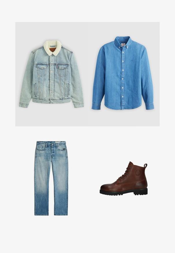 Hellblaues Denim-Jackett mit einem flauschigen, weißen Kragen. Verfügt über Brusttaschen, Druckknöpfe und einen relaxed Fit mit sichtbaren Nähdetails.; Hellblaues Jeanshemd mit langen Ärmeln, button-down Kragen und weißen Knöpfen. Verfügt über ein kleines besticktes Logo auf der Brust.; Hellblaue Jeans mit geradem Bein, vorderem Knopf- und Reißverschluss, fünf Taschen und dezentem Verblassen an Oberschenkeln und Knien.; Braune Lederstiefelette mit strukturiertem Obermaterial, sechs Ösen, einer schwarzen Gummisohle und einer Schlaufe für leichtes Anziehen.