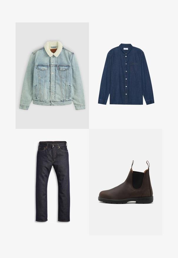 Lichtblauwe denimjack met een fuzzy, witte kraag. Heeft borstzakken, drukknoopsluitingen en een ontspannen pasvorm met zichtbare stikdetails.; Donkerblauwe spijkerblouse met lange mouwen, knoopsluiting aan de voorkant, kraag en een borstzak. Bevat zilveren knoopaccenten.; Donkerblauwe denim jeans met rechte snit, vijf zakken, metalen hardware en contrasterende oranje stiksels. Glad oppervlak, geen zichtbare patronen.; Bruine leren enkelboot met elastische zijpanelen en lusjes, voorzien van een gestructureerde oppervlakte en een duurzame zwarte rubberen zool.