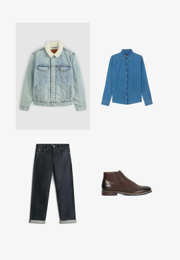 Hellblaues Denim-Jackett mit einem flauschigen, weißen Kragen. Verfügt über Brusttaschen, Druckknöpfe und einen relaxed Fit mit sichtbaren Nähdetails.; Blaue Denim-Hemd mit Button-down-Kragen, langen Ärmeln und Knöpfen vorne. Der Stoff hat eine strukturierte Oberfläche und einen klassischen Schnitt.; Dunkelblaue Denim-Jeans mit umgeschlagenen Bündchen, fünf Taschen und kontrastierender Naht, flach auf weißem Hintergrund liegend.; Brauner Leder-Knöchelboot mit drei Ösen, abgerundeter Spitze, gestapeltem Absatz und blau umrandeter Sohle auf weißem Hintergrund.