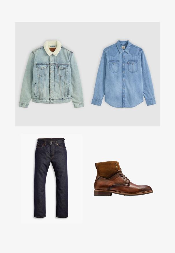 Hellblaues Denim-Jackett mit einem flauschigen, weißen Kragen. Verfügt über Brusttaschen, Druckknöpfe und einen relaxed Fit mit sichtbaren Nähdetails.; Hellblaues Jeanshemd mit langen Ärmeln, spitzem Kragen, zwei Brusttaschen mit Klappen und weißen Druckknöpfen vorne.; Dunkelblaue gerade geschnittene Jeans aus Denim mit fünf Taschen und orangefarbenen Kontrastnähten, flach auf einem weißen Hintergrund ausgelegt.; Kazar ALID - Schnürstiefelette - brown