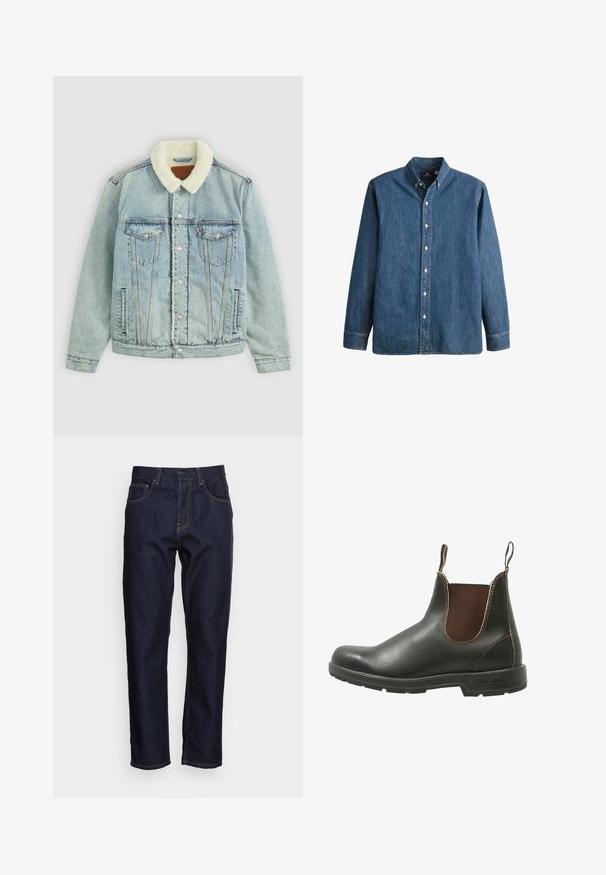 Hellblaues Denim-Jackett mit einem flauschigen, weißen Kragen. Verfügt über Brusttaschen, Druckknöpfe und einen relaxed Fit mit sichtbaren Nähdetails.; Denim-Hemd in Mittelblau, mit langen Ärmeln, spitzem Kragen, weißen Knöpfen und einer taillierten Passform sowie dezentem Logostick.; Dunkelblaue Denim-Jeans mit geradem Schnitt, fünf Taschen und kontrastierendem gelben Nähten. Mit einem klassischen Knopf- und Reißverschluss ausgestattet.; Chelsea-Boots aus glattem schwarzem Leder mit braunen elastischen Seitenteilen, kontrastierenden Nähten und einer strukturierten Gummisohle.