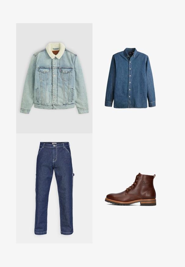 Lichtblauwe denimjack met een fuzzy, witte kraag. Heeft borstzakken, drukknoopsluitingen en een ontspannen pasvorm met zichtbare stikdetails.; Denim overhemd met knopen in middelblauwe kleur, met lange mouwen, een puntkraag, witte knopen en een getailleerde pasvorm met subtiele geborduurde logo.; Denim cargobroek in donkerblauw met witte stiksels. Beschikt over zijzakken, een recht model en een klassieke knoopsluiting.; Bruine leren enkellaars met ronde neus, vetersluiting, contrasterende hak en zolen, en een reliëflogo op de zijkant.