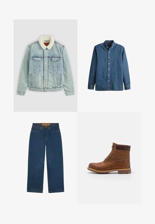 Lichtblauwe denimjack met een fuzzy, witte kraag. Heeft borstzakken, drukknoopsluitingen en een ontspannen pasvorm met zichtbare stikdetails.; Denim overhemd met knopen in middelblauwe kleur, met lange mouwen, een puntkraag, witte knopen en een getailleerde pasvorm met subtiele geborduurde logo.; Donkerblauwe denim jeans met wijde pijpen, vijf zakken, koperen klinknagels en een bruine Wrangler merkpatch op de tailleband.; Bruine leren wandelschoen met een gladde afwerking, gevoerde enkel, metalen oogjes en een rubberen zool met een robuust profiel.