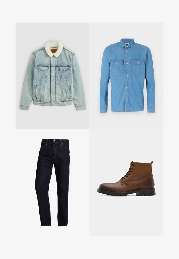 Hellblaues Denim-Jackett mit einem flauschigen, weißen Kragen. Verfügt über Brusttaschen, Druckknöpfe und einen relaxed Fit mit sichtbaren Nähdetails.; Helles, blaues Jeanshemd mit langen Ärmeln, Knopfleiste, zwei Brusttaschen, spitzem Kragen und goldenen Knöpfen. Glatte Textur, lässiges Design.; Dunkelblaue Jeans aus Denim mit geradem Schnitt, ausgestattet mit gelben Nähten, fünf Taschen und einem klassischen Knopf- und Reißverschluss.; Braune Leder-Stiefeletten mit runder Zehenform, schwarzen Schnürsenkeln und strukturiertem Gummisohle. Mit Logodetail an der Seite und glatter Oberfläche.